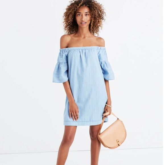 Madewell Denim Azalea Off-the-Shoulder Mini Dress Blue Bell Sleeve Sz S - Picture 1 of 9